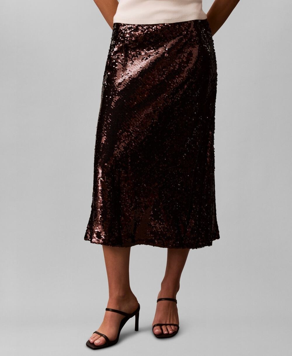 Calvin Klein Sequin Midi Skirt Womens 16 Mocha Brown High Waisted Designer NWT